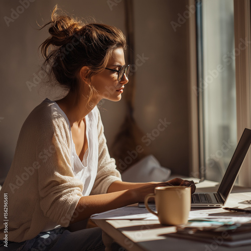 A young freelancer working from home with a laptop, coffee mug, and notepad on a clean desk
