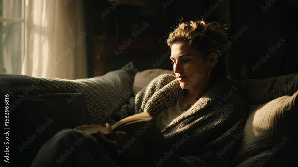 wide shot of someone relaxing on a couch reading a book, ambient light, cozy interior wide shot of someone relaxing on a couch reading a book, ambient light, cozy interior