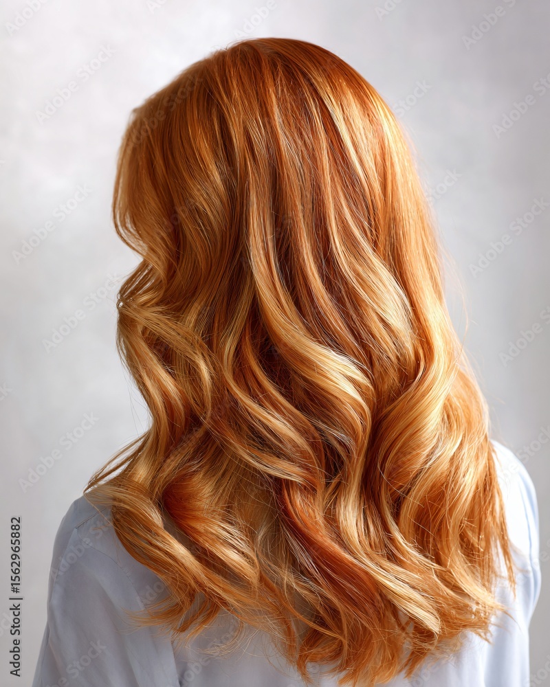 Fototapeta premium Gorgeous Long Wavy Copper Red Hair Back View Hairstyle Beauty