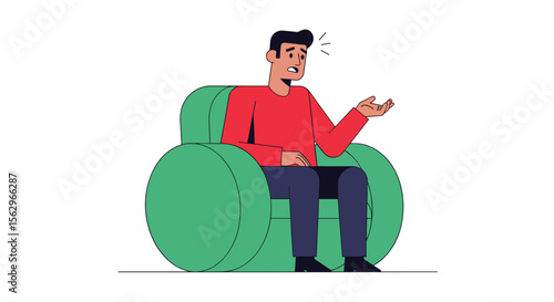 Man In Green Armchair Suffering From Abdominal Pain And Looking Anxious And Uncomfortable