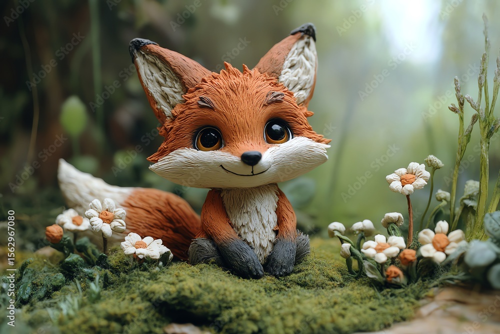 Fototapeta premium Cute Cartoon Fox Figurine Sitting in Forest with Flowers and Greenery