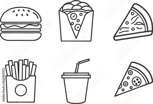 Fast Food Collection Featuring Burgers Fries Pizza and Snack Icons. Delicious Fast Food Set with Classic Meals Drinks and Street Style Snacks. Flat Style Fast Food Illustration Showing Combo Meals