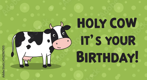 Adorable cartoon cow celebrates a happy birthday against a light green background with a playful polka dot design.