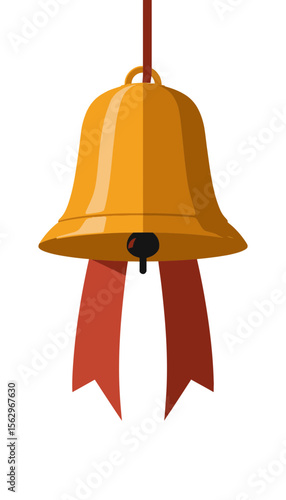 Golden bell with red ribbons hanging on white background  