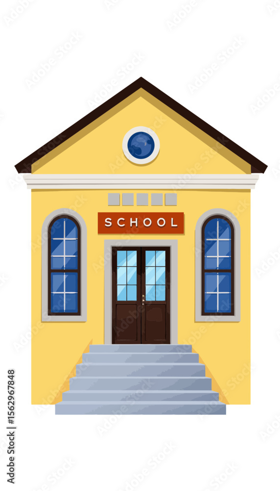 Obraz premium Yellow school building with steps and sign on a white background 