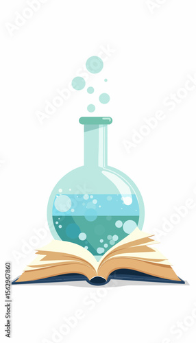 Laboratory flask with bubbles placed on open book  