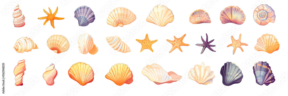 Obraz premium Cartoon colorful seashells and starfish collection ocean marine shellfish mollusk tropical beach flat vector set isolated on white background illustration