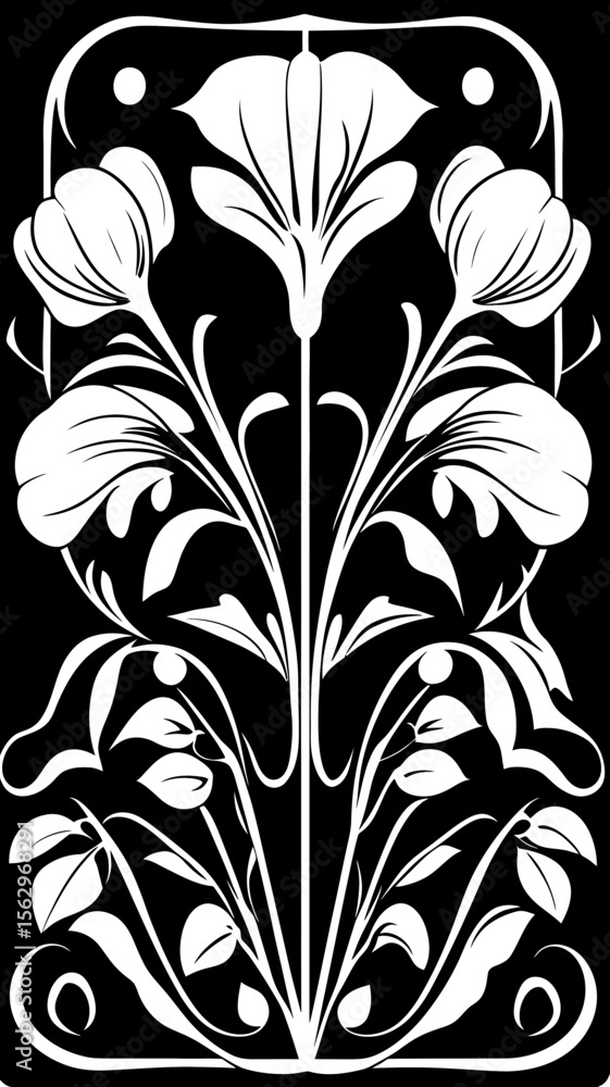 Art Nouveau style black and white floral vector design with symmetrical ornate flowers leaves and decorative elements flat minimalist illustration Art Nouveau style black and white floral vector design with symmetrical ornate flowers leaves and decorative elements flat minimalist illustration