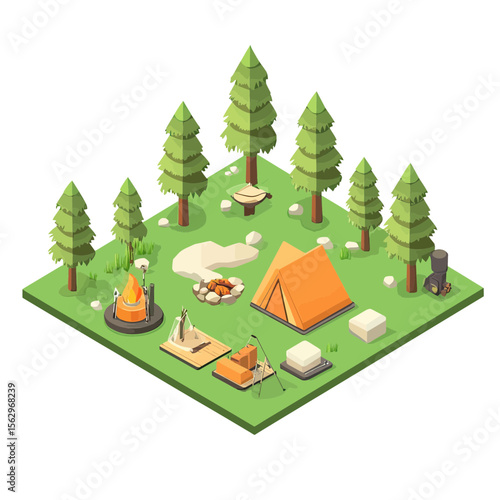 Isometric camping scene with orange tent campfire cooking equipment fishing gear and pine trees on green grass terrain vector illustration