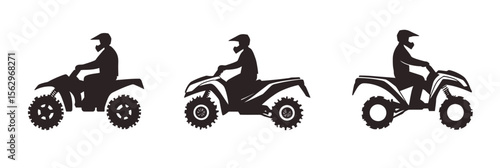 Silhouette set of three ATV quad bike riders side view flat minimalist vector illustration isolated on white background off road sport vehicle icons collection