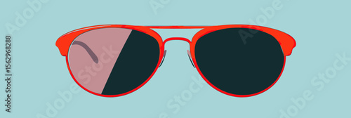 Minimalist flat vector illustration of bright red aviator sunglasses with dark and reflective lenses on light blue background, summer accessory design