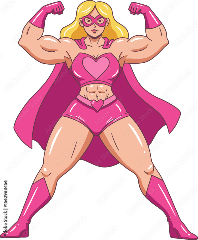 Illustrated superhero shows muscles and heart, woman with pink costume and cape shows power Illustrated superhero shows muscles and heart, woman with pink costume and cape shows power