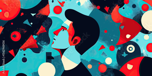 Abstract digital illustration of man surrounded by colorful geometric shapes and cosmic elements with contrasting blue red tones and surreal atmosphere