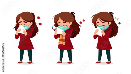 Young woman wearing medical mask coughing and sneezing with tissue showing flu virus symptoms and respiratory infection prevention flat vector illustration