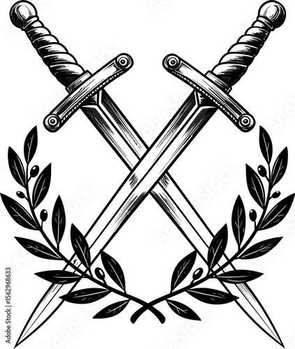 Graphic of crossed swords with olive branches creates an emblem of power and victory, a classic heraldic design.