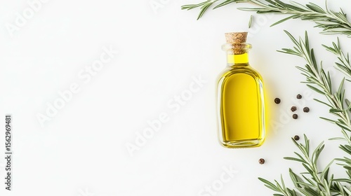 Glass bottle of cooking oil with rosemary and peppercorns.