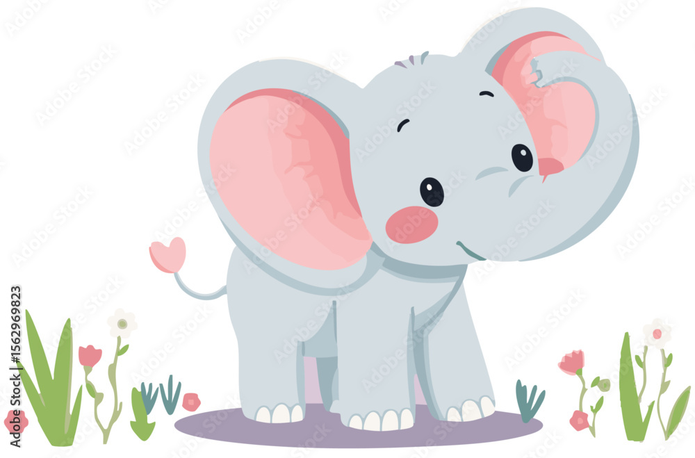 Fototapeta premium Cute baby elephant sitting, adorable animal character. Cartoon vector illustration isolated on white background.