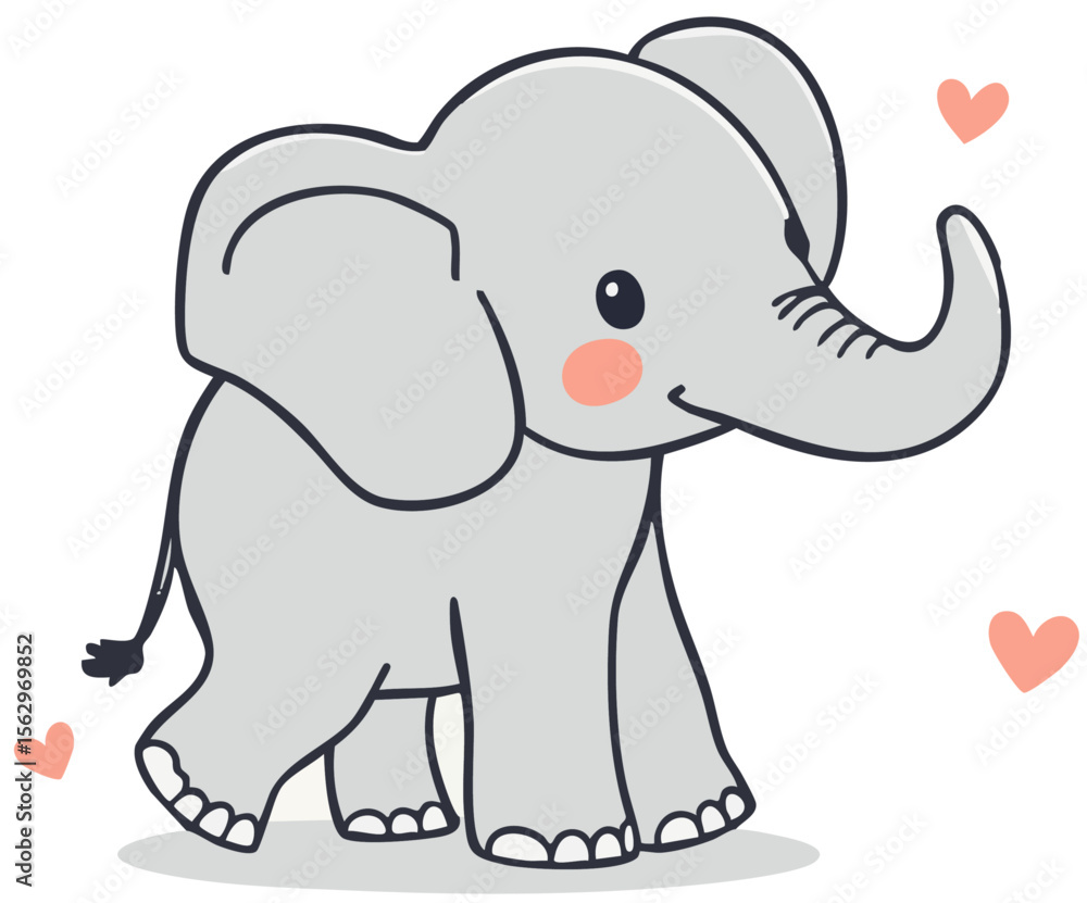 Naklejka premium Cute baby elephant sitting, adorable animal character. Cartoon vector illustration isolated on white background.