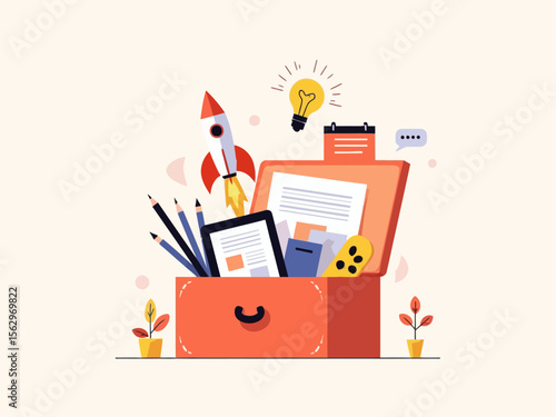 an open toolkit or drawer containing productivity symbols like a rocket, pen, lightbulb, calendar, chat bubble light neutral background