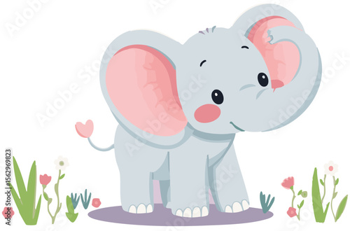 Cute baby elephant sitting, adorable animal character. Cartoon vector illustration isolated on white background.