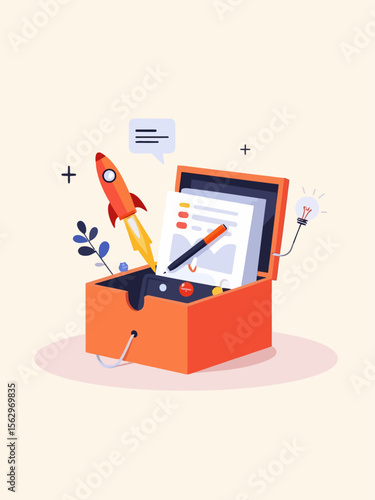 an open toolkit or drawer containing productivity symbols like a rocket, pen, lightbulb, calendar, chat bubble light neutral background