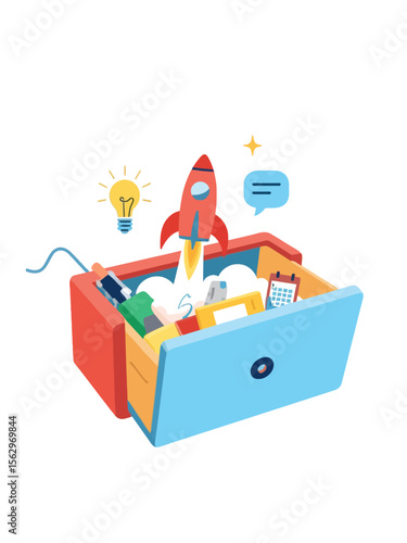 an open toolkit or drawer containing productivity symbols like a rocket, pen, lightbulb, calendar, chat bubble light neutral background