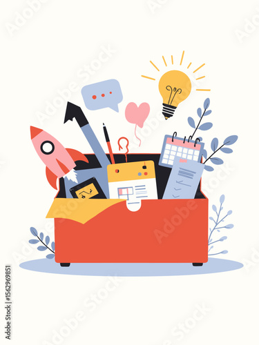 an open toolkit or drawer containing productivity symbols like a rocket, pen, lightbulb, calendar, chat bubble light neutral background