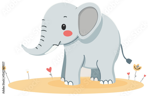 Cute baby elephant sitting, adorable animal character. Cartoon vector illustration isolated on white background.