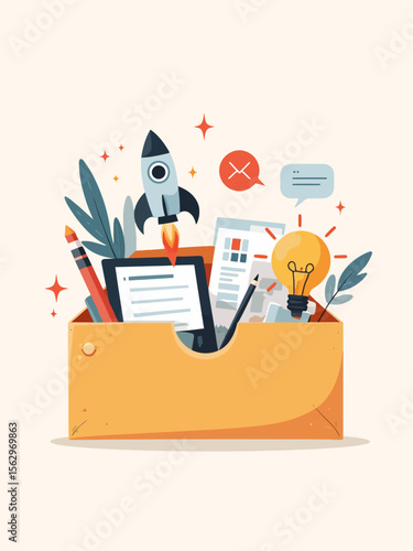 an open toolkit or drawer containing productivity symbols like a rocket, pen, lightbulb, calendar, chat bubble light neutral background