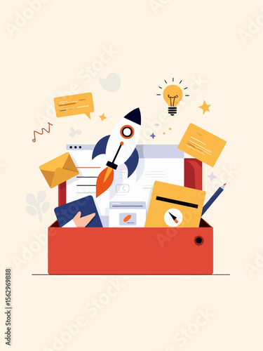 an open toolkit or drawer containing productivity symbols like a rocket, pen, lightbulb, calendar, chat bubble light neutral background