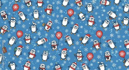 Penguins With Winter Hats Snowflake Background Holiday Season Celebration New Year Party