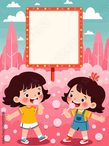 happy American children eating round pink candy, facing forward 1950s billboard