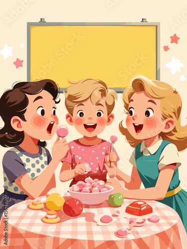 happy American children eating round pink candy, facing forward 1950s billboard