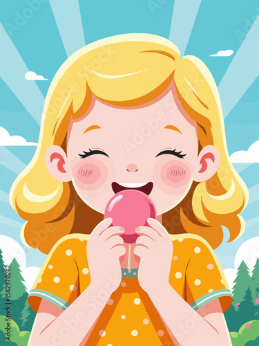 happy American children eating round pink candy, facing forward 1950s billboard