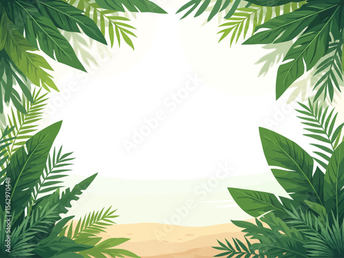 lush tropical greenery framing left, right, top and bottom edges, only green plants like monstera, banana leaves, ferns, palm fronds