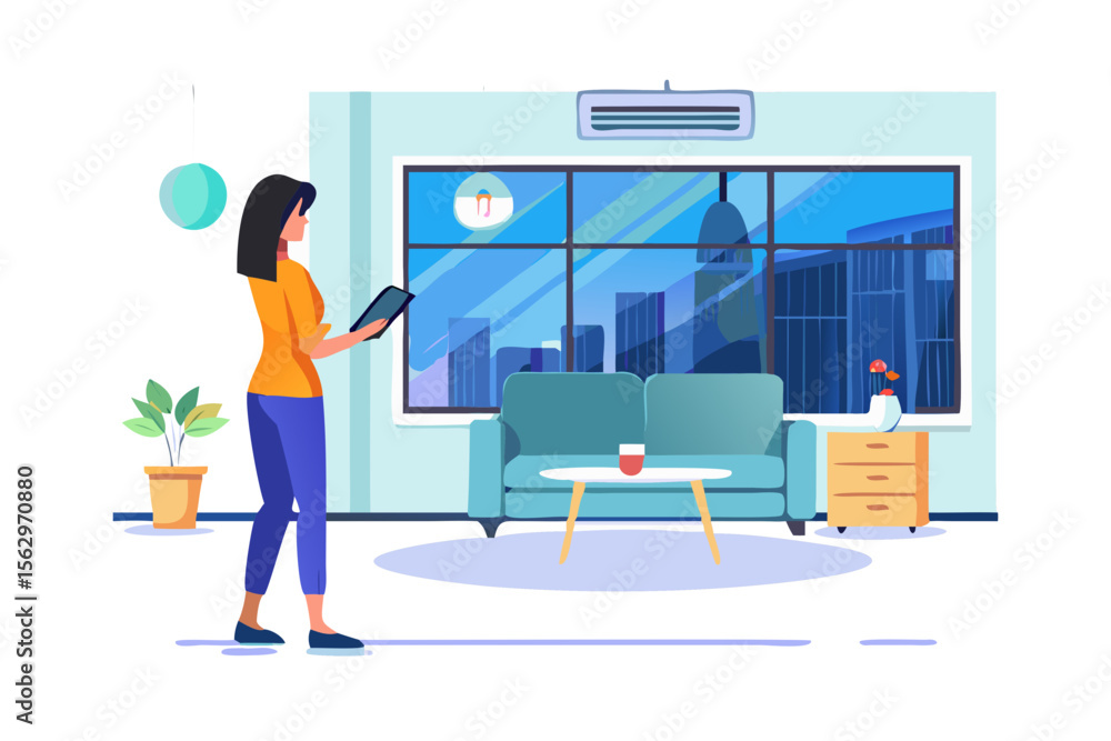 Fototapeta premium Woman using tablet in modern living room with city view and blue sofa