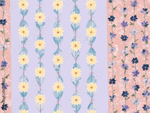 Seamless repeatable fabric pattern for a maxi dress, with a soft, whimsical vintage aesthetic 