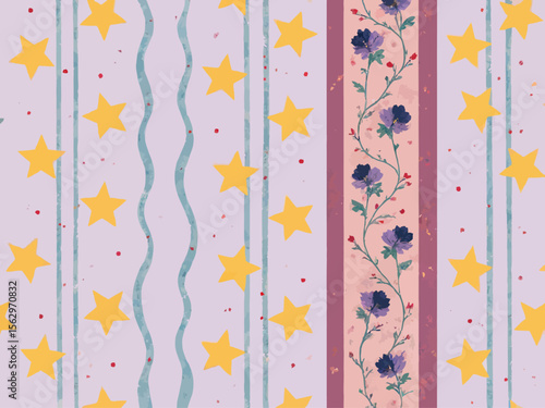 Seamless repeatable fabric pattern for a maxi dress, with a soft, whimsical vintage aesthetic 
