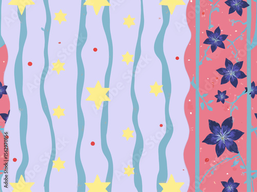 Seamless repeatable fabric pattern for a maxi dress, with a soft, whimsical vintage aesthetic 