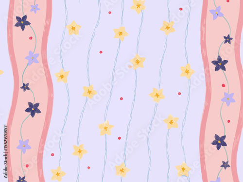 Seamless repeatable fabric pattern for a maxi dress, with a soft, whimsical vintage aesthetic 