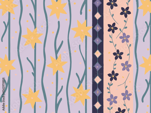 Seamless repeatable fabric pattern for a maxi dress, with a soft, whimsical vintage aesthetic 