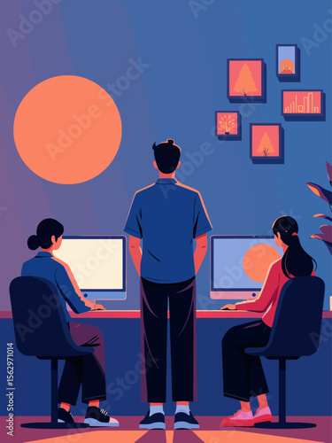  three people one looking at a computer screen, one at a analog standard definition tv