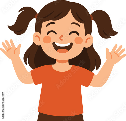Happy Girl Waving Hands Cartoon Illustration 