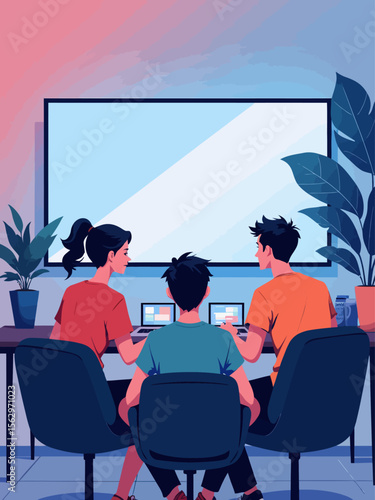  three people one looking at a computer screen, one at a analog standard definition tv