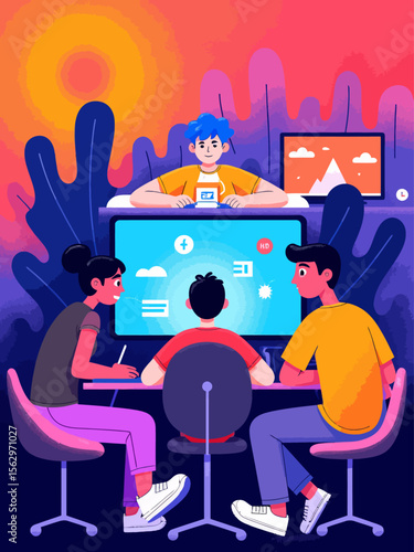  three people one looking at a computer screen, one at a analog standard definition tv