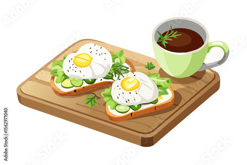 Delicious poached eggs on toast with fresh greens and a cup of coffee
