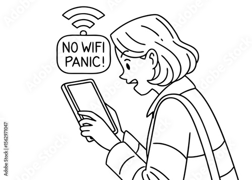 Line art of woman panicking over no wifi connection on her mobile phone
