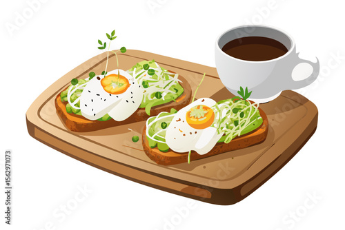 Healthy avocado toast with poached eggs and fresh greens served with coffee