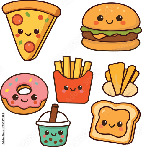 Cute Kawaii Fast Food Icons Set 