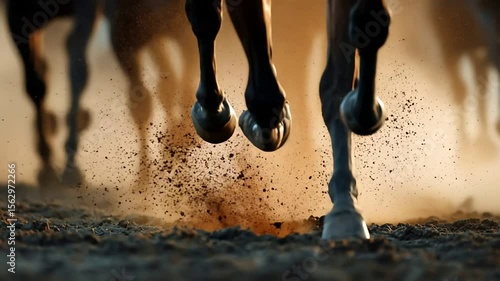 Horses Galloping Through Dust in Sunlit Environment During Golden Hour